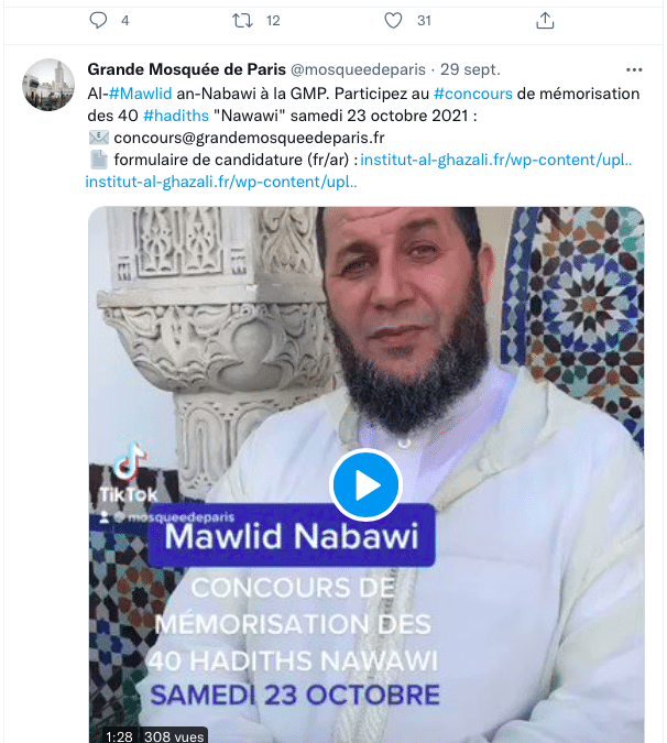 Concours de mémorisation de Hadith appelant à faire « couler le sang » des apostats à la Grande Mosquée de Paris